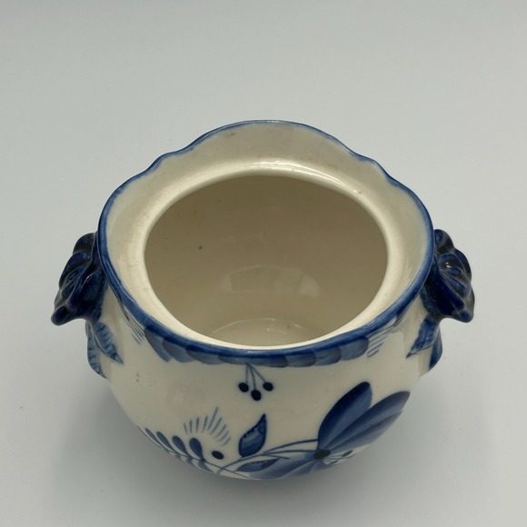 Russian GZHEL Porcelain Blue White Sugar Candy Bowl Lid Vintage Handmade Painted - Picture 10 of 13